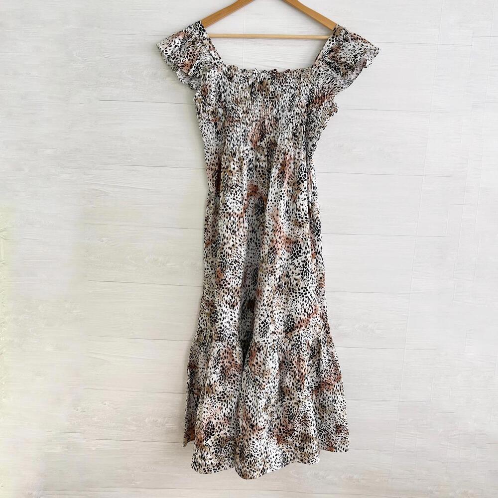 NWT SEA New York - Lana Tan black smocked flutter strap cotton midi dress, sz 6